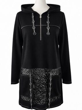 Black Sequin Glam Hoodie Tunic Dress Women M Sporty Bling Pullover Sweatshirt
